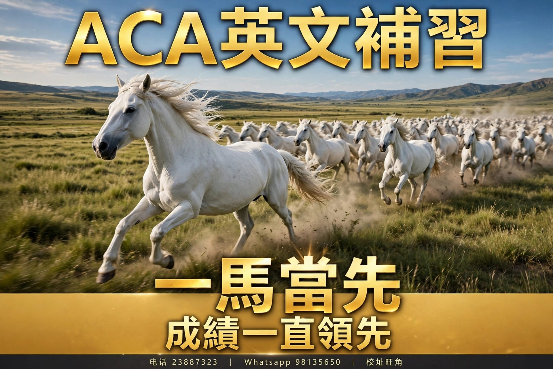 ACA英文補習：草原白馬領先一群白馬，一馬當先，成績一直領先