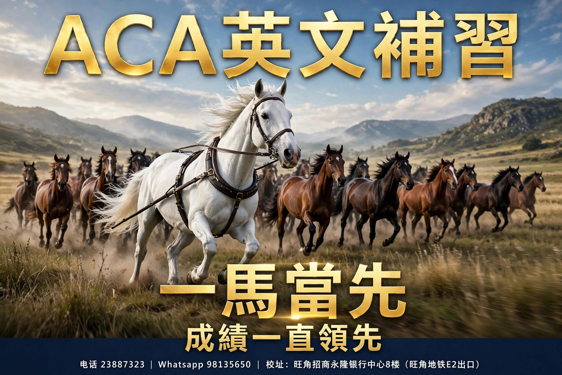 ACA 英文補習：白馬領先其他馬，一馬當先，成績一直領先